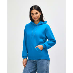 A turquoise hooded sweatshirt with a front pocket and an adjustable drawstring hood. Features a logo.