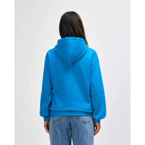A blue hooded sweatshirt with a front pocket and a large hood, viewed from the back.