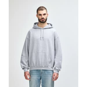 A grey hooded sweatshirt with a front pocket and a drawstring hood, featuring a branded logo.