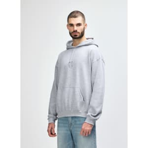 A grey hooded sweatshirt with a front pocket and a drawstring hood, featuring a logo on the chest.
