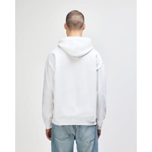 A white Gildan Heavy Blend adult hooded sweatshirt viewed from the back, featuring a hood and a plain design.