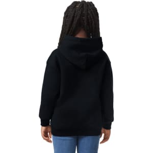 A black hooded sweatshirt for youth, featuring a kangaroo pocket and a relaxed fit. The back view shows the hood.