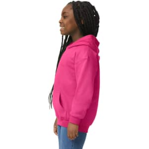 A pink youth hooded sweatshirt, viewed from the side, with a front pocket and a hood.