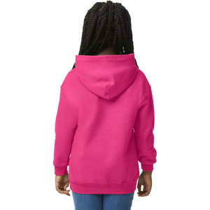 A bright pink youth hooded sweatshirt with a back view. The hoodie has a kangaroo pocket and long sleeves.