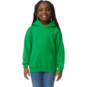 A green youth hooded sweatshirt featuring a front pocket and a hood. It has a branded logo.