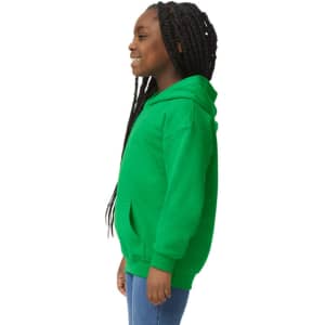 A green youth hooded sweatshirt with a kangaroo pocket, displayed on a girl with braided hair.