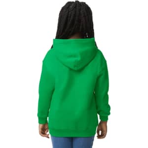 A green Gildan Heavy Blend youth hooded sweatshirt, featuring a hood and long sleeves, viewed from the back.