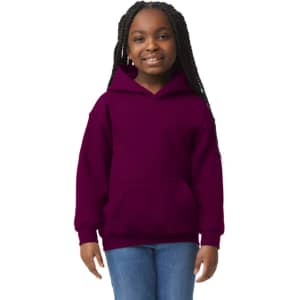 A purple youth hooded sweatshirt with a front pocket, worn by a smiling child with long braids.