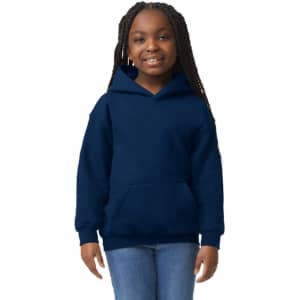 A youth hooded sweatshirt in navy blue, featuring a front pocket and a hood, worn by a smiling child.