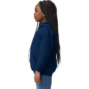 A youth hooded sweatshirt in navy blue, featuring a hood and a front pocket. The model has long braided hair.