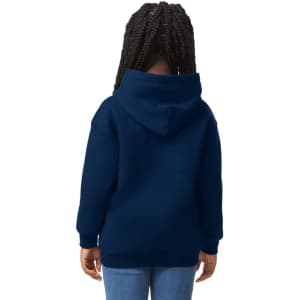 A navy blue youth hooded sweatshirt with a kangaroo pocket and a large hood. The back view shows braided hair.