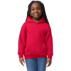 A red youth hooded sweatshirt with a front pocket, featuring a hood and a logo.