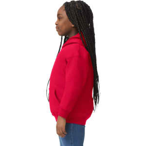 A red youth hooded sweatshirt with a front pocket, displayed on a child with long braids, from a side view.