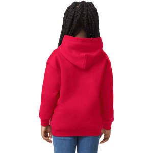 A red hooded sweatshirt for youth, featuring a back view with a spacious hood and long sleeves.