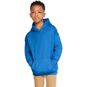 A blue youth hooded sweatshirt featuring a front pocket and a logo on the sleeve.