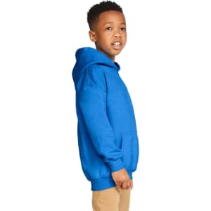 A youth hooded sweatshirt in bright blue, featuring a front pouch pocket and a logo.