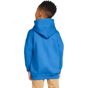 A blue youth hooded sweatshirt with a large hood, viewed from the back, featuring a relaxed fit.