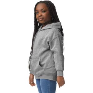 A grey youth hooded sweatshirt with a front pocket and a hood, worn by a child with long braided hair.