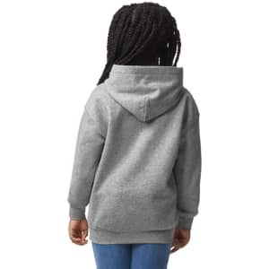 A grey hooded sweatshirt with a kangaroo pocket and a back view of a child wearing it.