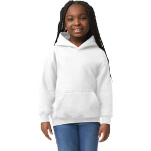 A white youth hooded sweatshirt with a front pocket, designed for comfort and style.