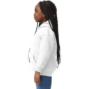 A youth hooded sweatshirt in white, featuring a kangaroo pocket and a hood, displayed on a child from the side.