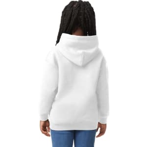 A white hooded sweatshirt for youth featuring a large hood and a casual fit, presented from the back.