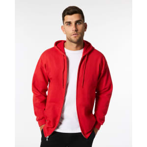 A red full zip hooded sweatshirt for adults, featuring a hood and front pockets. It has a logo on it.