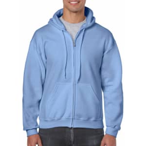 A light blue Gildan Heavy Blend adult full zip hooded sweatshirt with a front pocket and drawstrings on the hood.