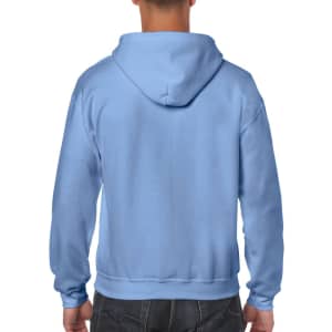 A blue Gildan Heavy Blend full zip hooded sweatshirt featuring a hood and long sleeves, viewed from the back.