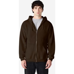 A brown hooded sweatshirt with a full zip, featuring a front pocket and a model wearing it.