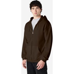 A brown Gildan Heavy Blend adult full zip hooded sweatshirt displayed on a model. Features a branded logo.