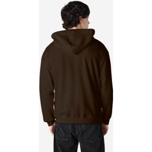 A brown Gildan Heavy Blend adult full zip hooded sweatshirt with a hood, viewed from the back.