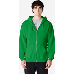 A green full zip hooded sweatshirt on a model, featuring a front zip and hood. Contains a logo.