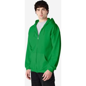 A green Gildan Heavy Blend adult full zip hooded sweatshirt with a front zip and a hood. Features a logo.