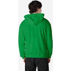 A green Gildan Heavy Blend adult full zip hooded sweatshirt with a hood, viewed from the back.