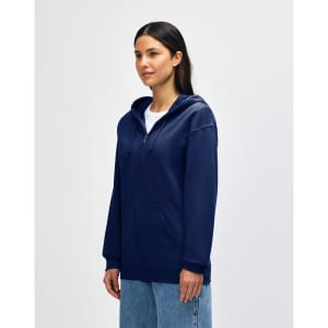 A navy blue Gildan Heavy Blend adult full zip hooded sweatshirt with a front zipper and a logo.