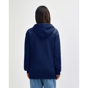 A navy blue full zip hooded sweatshirt with a front zipper and a hood, displayed on a model.