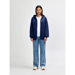 A navy blue Gildan Heavy Blend adult full zip hooded sweatshirt with a hood and a logo on the back.