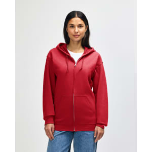 A red Gildan Heavy Blend adult full zip hooded sweatshirt features a front zipper and two side pockets.