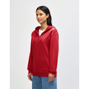 A red Gildan Heavy Blend adult full zip hooded sweatshirt with a front zipper and a hood.