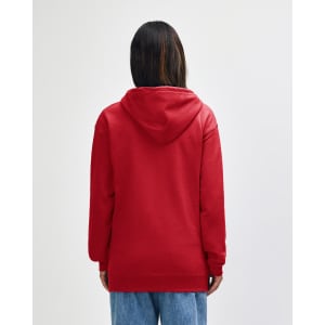 A red Gildan Heavy Blend adult full zip hooded sweatshirt with a hood, viewed from the back.