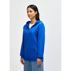 A blue Gildan Heavy Blend adult full zip hooded sweatshirt with a front pocket and a logo.