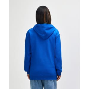 A blue Gildan Heavy Blend Adult Full Zip Hooded Sweatshirt displayed from the back, featuring a hood.