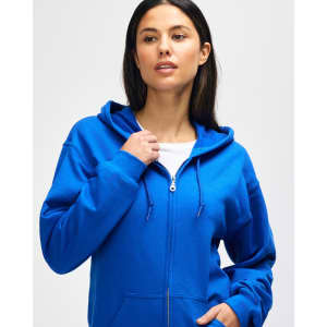 A blue hooded sweatshirt features a full zip and is modelled by a man adjusting the hood. It has a logo.