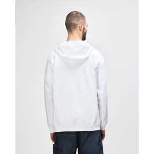 A white Gildan Heavy Blend adult full zip hooded sweatshirt viewed from the back, featuring a hood and a logo.