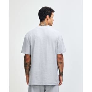 A grey unisex pique mockneck T-shirt displayed from the back. Features short sleeves and a logo.