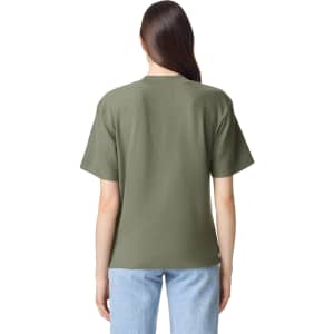 A back view of a unisex olive green mockneck T-shirt, featuring short sleeves and a simple design.