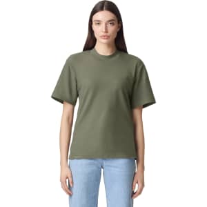A unisex mockneck t-shirt in olive green, featuring short sleeves and a simple design. It has a logo on it.