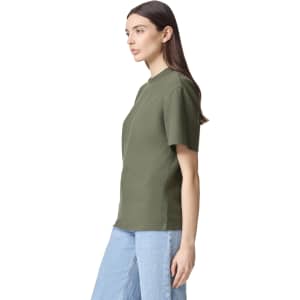 A green unisex mockneck t-shirt with short sleeves, featuring a logo.