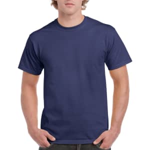 A navy blue Gildan Ultra Cotton adult T-shirt displayed on a person, featuring a logo on the chest area.